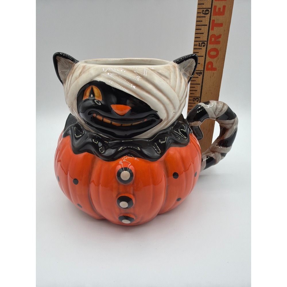Johanna Parker Halloween Mummy Black Cat Pumpkin Figural Mug Transpac